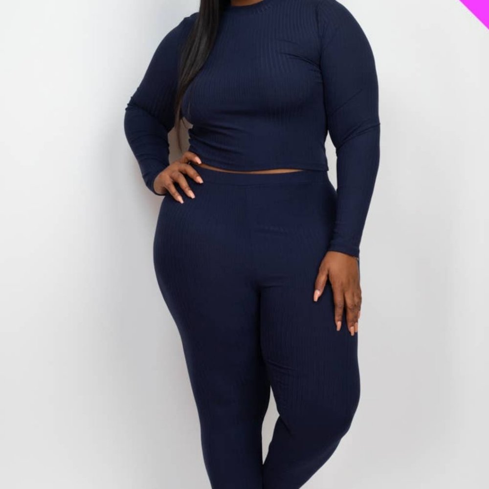 Navy blue two piece crop top and leggings set